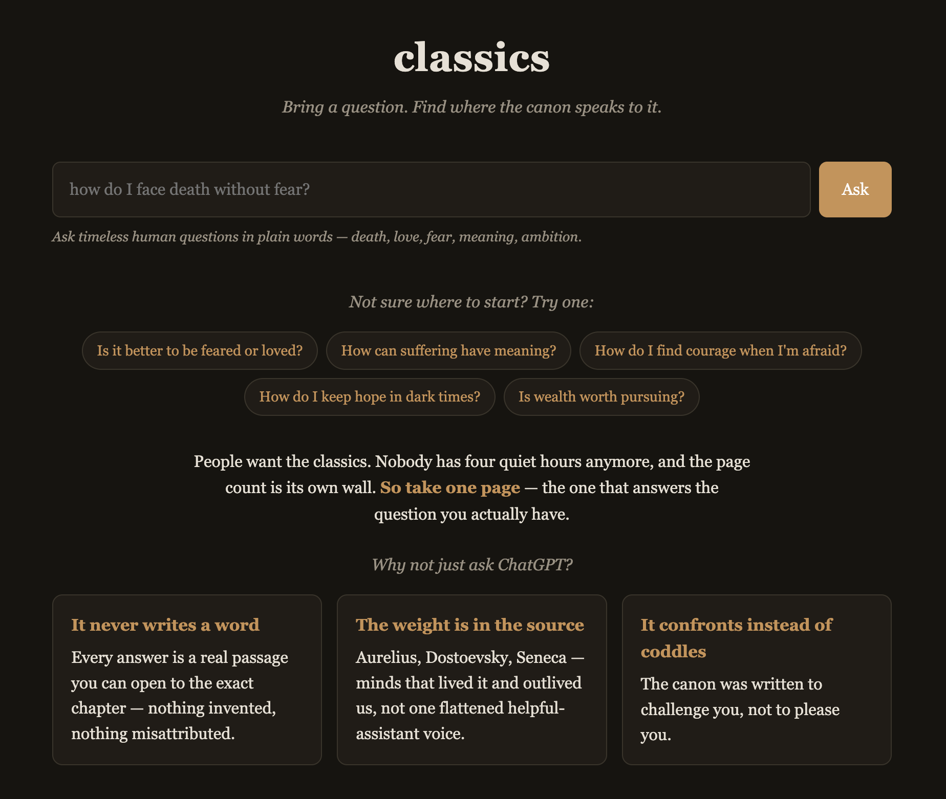 Classics homepage: a question box with starter prompts