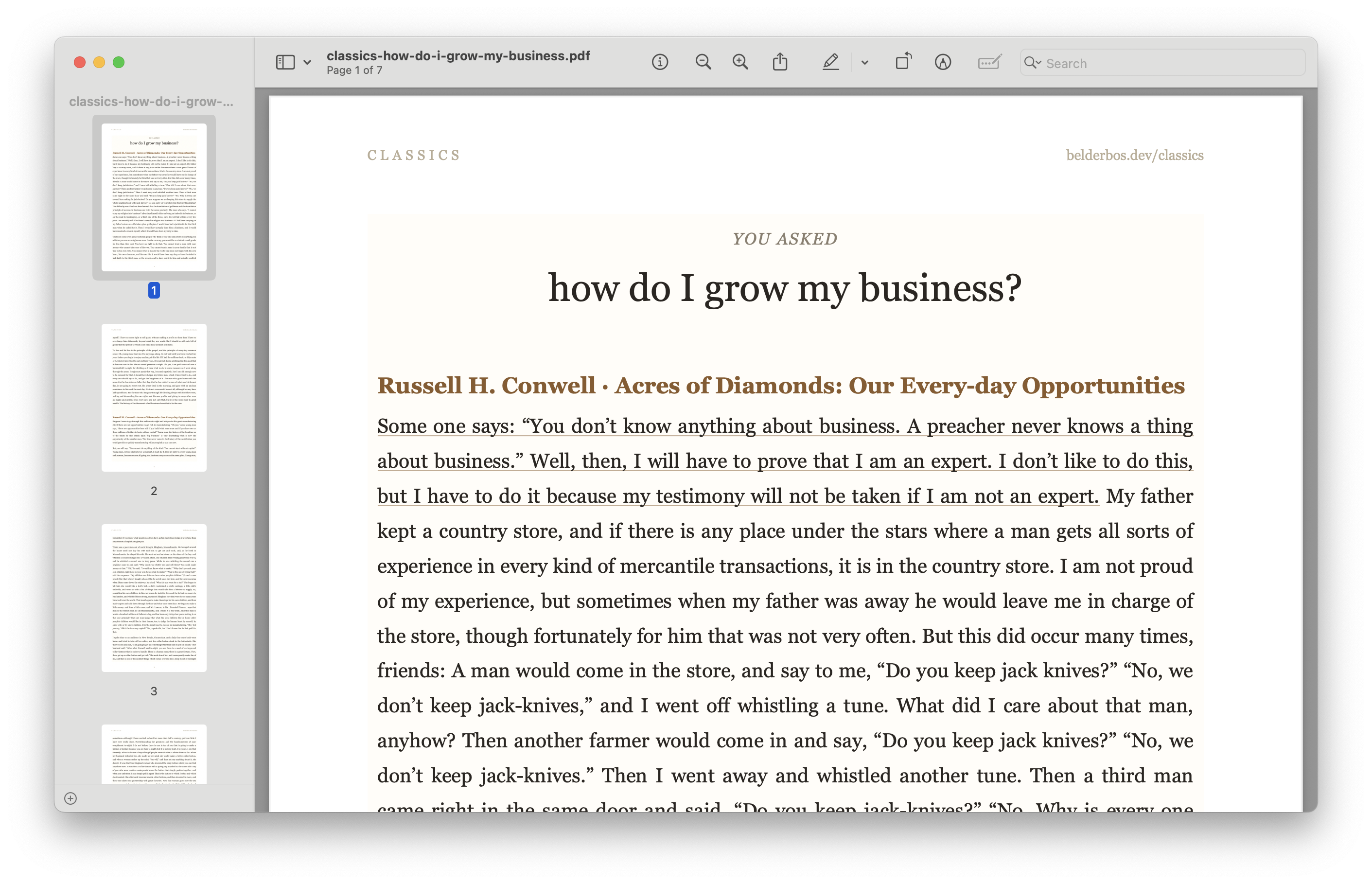 A typeset Classics PDF titled 'how do I grow my business?' with a cited Russell H. Conwell passage