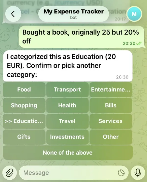 Telegram bot classifying a book purchase as Education