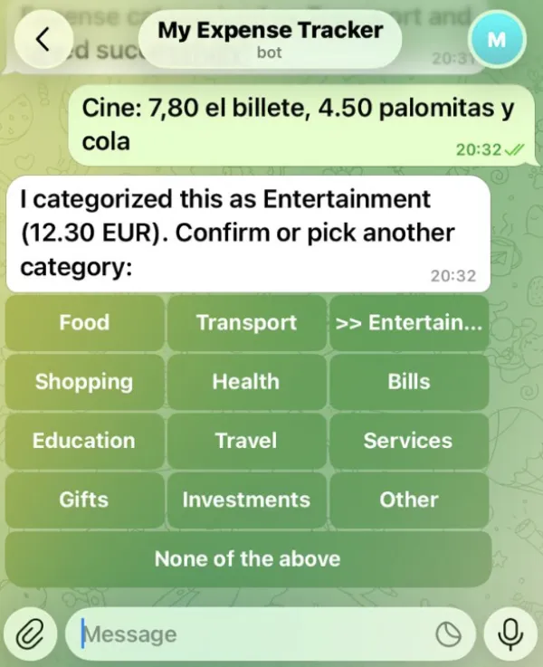 Telegram bot summing a multi-item cinema expense