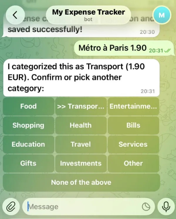 Telegram bot parsing a multilingual metro expense