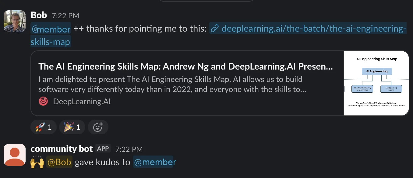 Slack post: Bob thanks a member for a link, and the community bot records the kudos