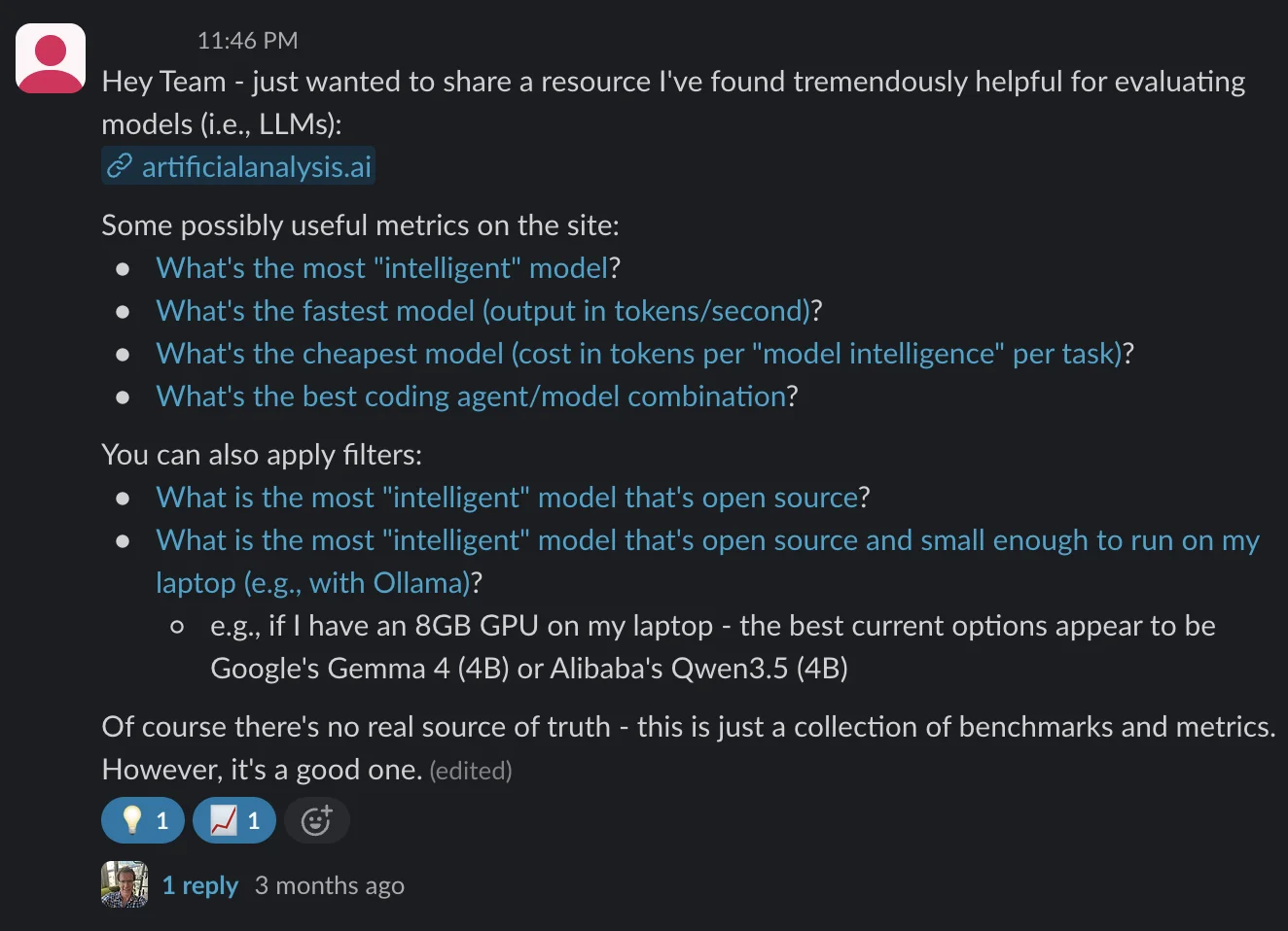 Slack post: a member shares a site for comparing LLMs on intelligence, speed and cost