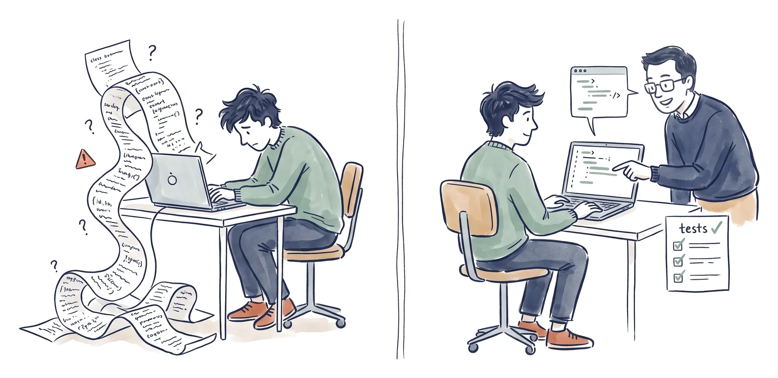 Illustratie: links een developer bedolven onder een lange uitdraai van door AI gegenereerde code; rechts dezelfde developer met korte, geteste code terwijl een coach naar één regel wijst.