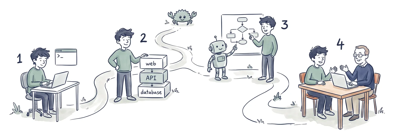 Illustratie: een kronkelend pad met vier haltes: een eerste Python-app op een laptop, een webapp met een API en database, bouwen met een AI-assistent, en 1-op-1 sessies met een coach; een zijpad leidt naar Rust.