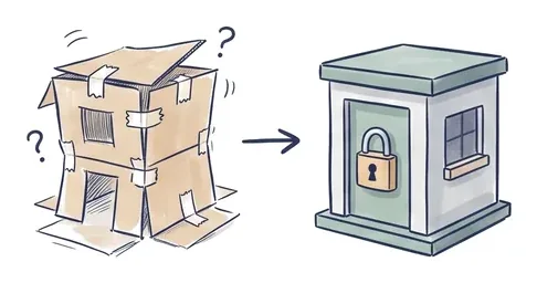 Illustratie: een met tape bijeengehouden kartonnen prototype wordt een stevig gebouw met een hangslot.