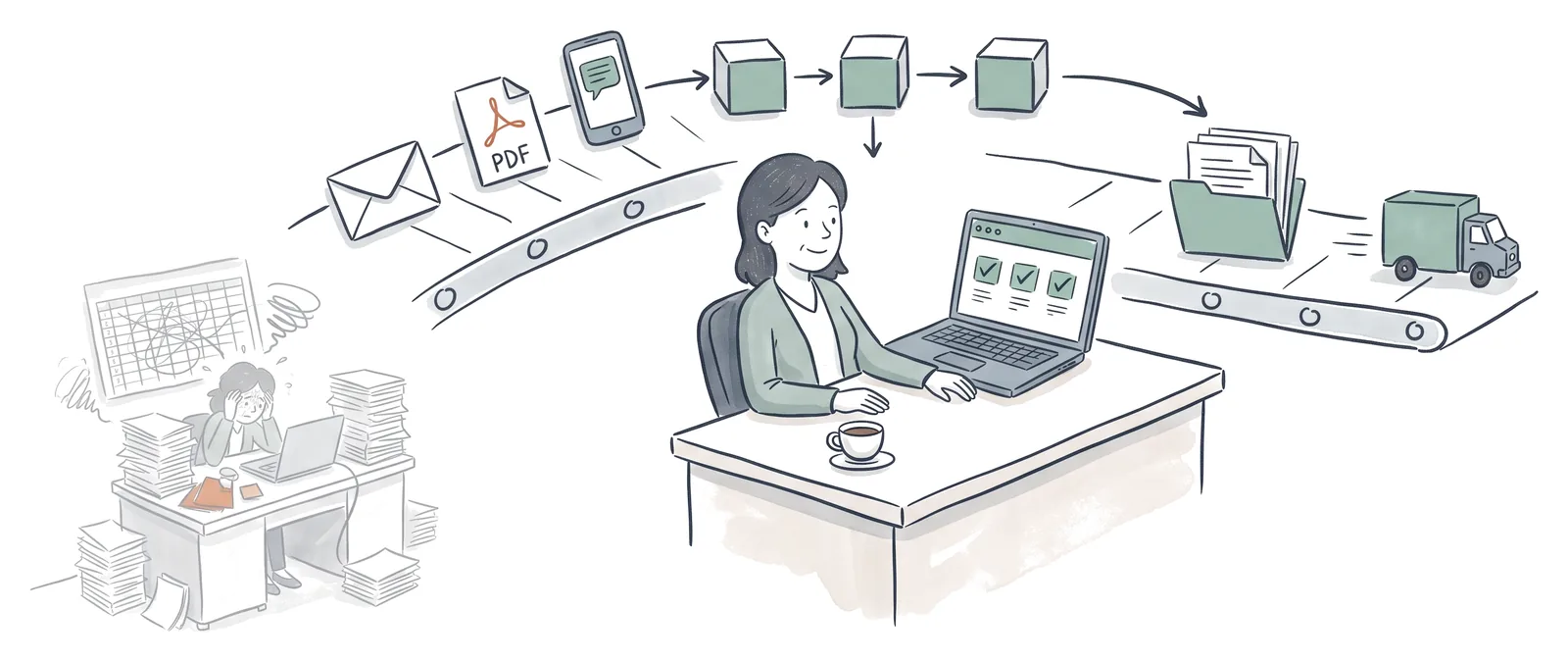 Illustratie: op de achtergrond een gestreste persoon achter stapels papier en een warrige spreadsheet; vooraan dezelfde soort ondernemer ontspannen met een koffie terwijl e-mails, pdf's en berichten via drie stappen in een gearchiveerde map en een bezorgbusje terechtkomen.