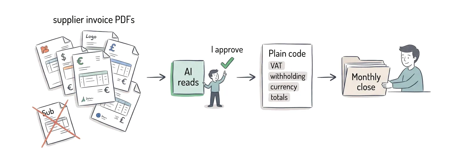 Illustratie: inkoopfacturen in allerlei opmaak worden door AI gelezen, door een mens goedgekeurd en daarna door gewone code verwerkt voor btw, inhouding, valuta en totalen tot een maandafsluiting.