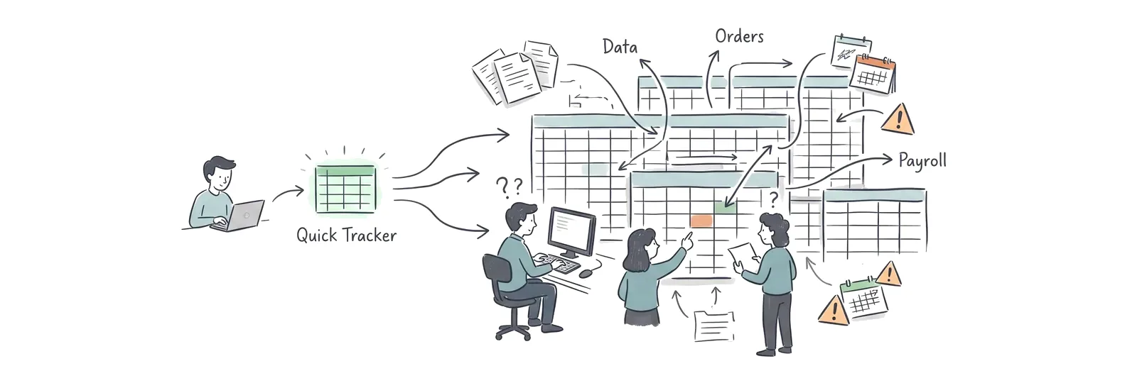 Illustratie: een snelle spreadsheet groeit uit tot een wirwar van gekoppelde sheets voor orders, data en salarissen, met waarschuwingen en verwarde collega's.