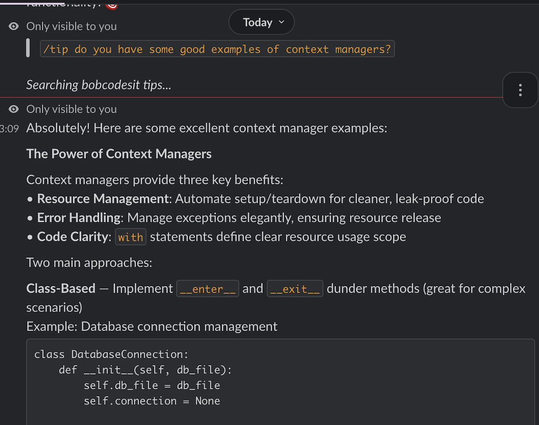 Slack bot responding to /tip context managers