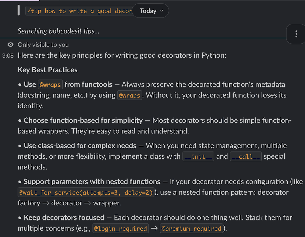 Slack bot responding to /tip how to write a good decorator