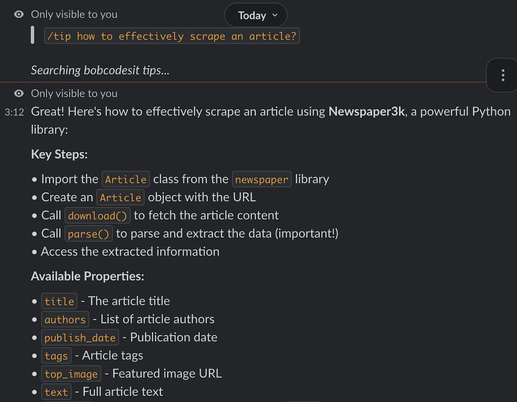 Slack bot finding a tip about newspaper3k for a scraping question